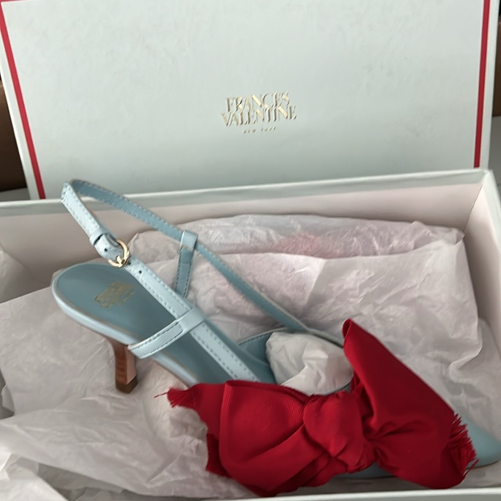 Frances Valentine Grace Nappa Leather Red Heels with Pink Bow
One in light blue - Picture 11 of 11
